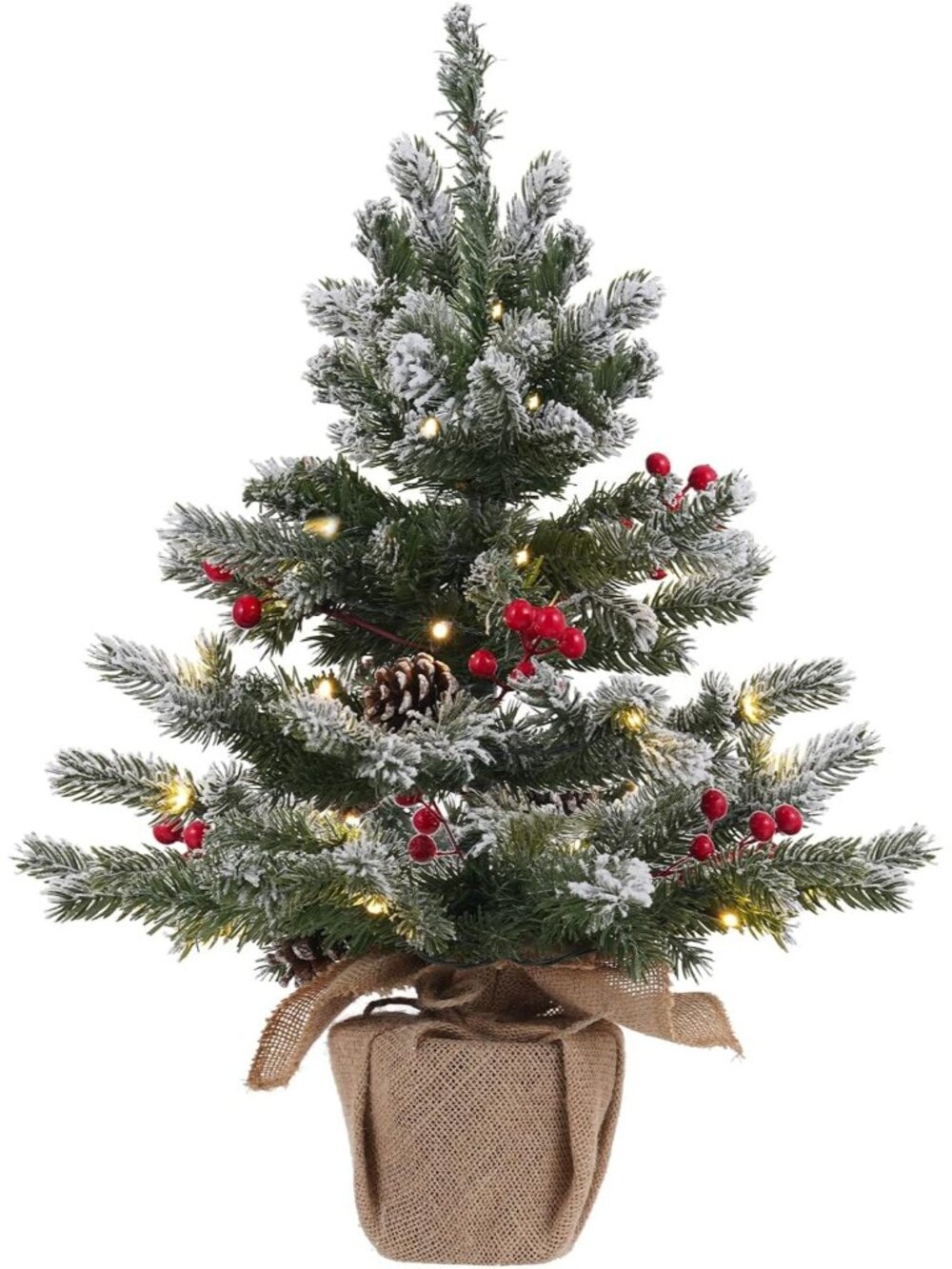 🎄2ft Pre-lit Green Snowy Mini Christmas Tree 50 Lights Red Berries Decorations